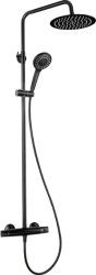 Душевая система настенная Deante JASMIN, 825-1210 мм, цвет черный, комплект: термостатический смеситель/тропический душ (с верхней лейкой)/лейка/стойка/шланг, латунь