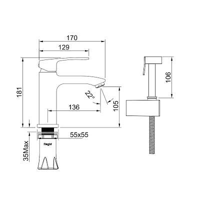 Смеситель для раковины/умывальника Raglo R01.12 с гигиеническим душем, однорычажный, неповоротный, латунь, длина излива 136 мм, керамический, цвет хром