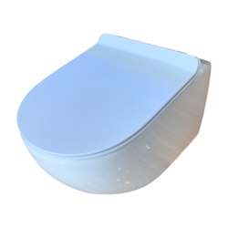 Унитаз подвесной Olives Vortex Duo белый, горизонтальный (в стену) выпуск, с быстросъемным сиденьем микролифт, дюропласт, смыв Торнадо, антивсплеск. безободковый, под скрытый бачок