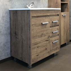 Тумба с раковиной Comforty Марио 75, 75х85,5х46,5 см, напольная, 1 распашная дверца/3 выдвижных ящика, ЛДСП, прямоугольная, цвет- дуб темный/раковина Quadro 75, прямоугольная, цвет белый, встраиваемая
