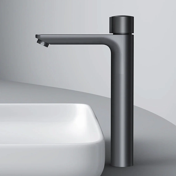 Смеситель для раковины/умывальника AM.PM X-Joy TouchReel, нажимной, неповоротный, керамический, высокий, длина излива 155 мм, латунь, цвет черный матовый