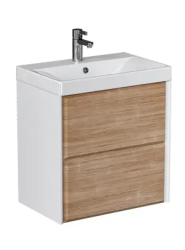 Тумба под раковину Velvex Gesso 600-0-2, 590х390х592 мм подвесная, цвет белый матовый/дуб сонома, 2 выдвижных ящика, подходит раковина 9696-60, универсальная, в ванную комнату