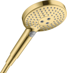 Лейка душевая Hansgrohe Raindance Select S 120 3jet PowderRain, настенная, круглая, с 3 режимами, регулируемая, хромированная/пластмассовая, цвет полированное золото, ручная, для душа/ванной