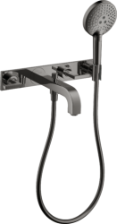 Смеситель для ванны Axor Citterio двухвентильный, с рычаговыми рукоятками, настенный, неповоротный, латунный, длина излива 22,2 см, керамический, цвет полированный черный хром, с душевым шлангом/лейкой/держателем, с панелью, на 3 отверстия