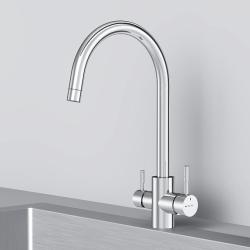 Смеситель для кухни/мойки Am.Pm X-Joy S однорычажный, поворотный, с каналом для питьевой воды, керамический, с высоким изливом, длина 220 мм, нержавеющая сталь, цвет хром