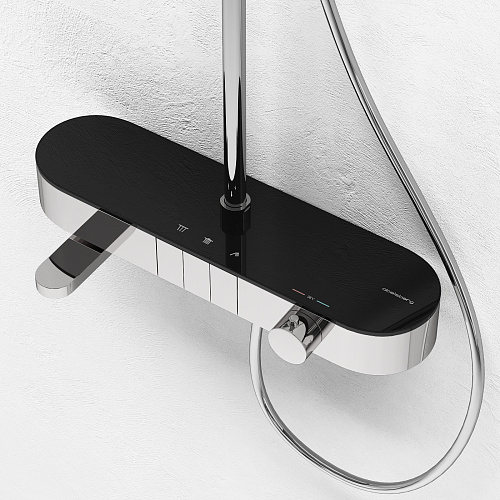 Душевая система Abelsberg Intensa с термостатом, высота 900−1300 мм цвет глянцевый хром, комплект: смеситель/излив/тропический душ округлый (с верхней лейкой)/лейка/стойка/шланг, латунь/ABS-пластик