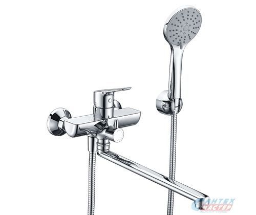 Смеситель для ванны/душа Wasserkraft Lippe однорычажный, керамический, настенный, излив поворотный 322 мм, с гибким шлангом, душем/лейкой, латунь, цвет хром, длинный, универсальный, горизонтальный, рычажный, кран, комплект, сантехника, размер