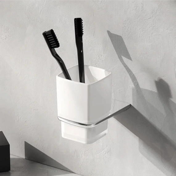 Стакан AM.PM Inspire 2.0, с держателем, настенный, стекло/сталь, форма прямоугольная, для зубных щеток в ванную/туалет/душевую кабину, цвет хром