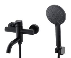 Смеситель для ванны/душа Voda Vessel Black однорычажный, настенный, неповоротный, керамический картридж, длина излива 139 мм, с гибким шлангом, лейкой, нержавеющая сталь, цвет черный VSL54B