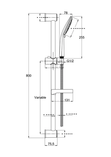 Душевой гарнитур Cersanit LARA, высота 800 мм, цвет черный, комплект: лейка/шланг/штанга/мыльница, без смесителя