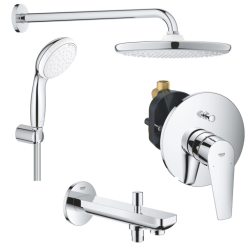 Душевая система Grohe Tempesta 4 в 1 встраиваемая, цвет хром, комплект: однорычажный смеситель BauEdge/излив 170 мм/тропический душ 250 мм круглый (с верхней лейкой)/лейка/шланг, встраиваемый (скрытый) монтаж 1000190