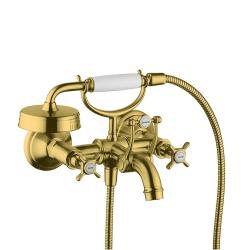 Смеситель для ванны Axor Montreux, двухвентильный, с крестообразными рукоятками, настенный, наружнего/внешнего монтажа, неповоротный, латунный, длина излива 22,4 см, керамический, цвет шлифованное золото, с душевым шлангом/лейкой/держателем для душа