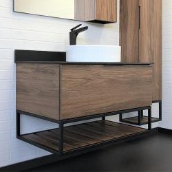 Тумба с раковиной Comforty Порто-90, 90,5х64,5х52 см, подвесная, 1 выдвижной ящик/открытая полка, ЛДСП/сталь, прямоугольная, цвет- дуб темно-коричневый/черный/раковина COMFORTY 9110, круглая, цвет белый, накладная