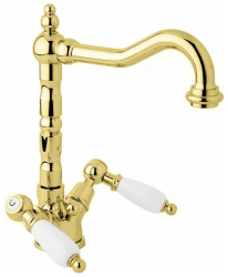 Смеситель для раковины Cezares First, двухвентильный, высокий, длина излива 180 мм, поворотный, керамический, латунь, цвет золото 24 карат, с донным клапаном