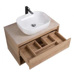 Тумба под раковину BelBagno Kraf 80, 80х46х53 см, подвесная, 1 выкатной ящик/1 открытая полка, ЛДСП, цвет: светлое дерево, шкафчик навесной, механизм доводчика, прямоугольная
