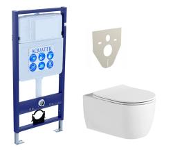Комплект унитаза с инсталляцией Aquatek Оберон Т (Сет) c сиденьем микролифт, безободковый, без кнопки, без крепления, смыв Торнадо