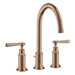 Смеситель для раковины Axor Montreux 180, на 3 отверстия, двухвентильный, с рычаговыми рукоятками, поворотный излив, длина излива 17,5 см, керамический, латунь, цвет шлифованное красное золото, со сливным гарнитуром