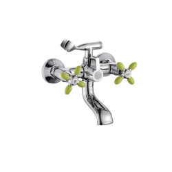 Смеситель для ванны/душа Potato P71-11, настенный, двухвентильный, поворотный, керамический, длина излива 141 мм, цинк, цвет хром/зеленый