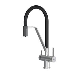 Смеситель для кухни/мойки AM.PM Func высокий, С-излив, гибкий, однорычажный, с каналом для питьевой воды, поворотный, керамический, длина излива 195 мм, нержавеющая сталь/цинк/латунь/силикон, цвет черный/сатин