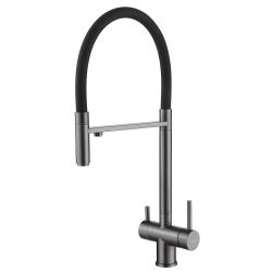 Смеситель для кухни/мойки ABBER Wasser Kreis с подключением фильтра для питьевой воды, однорычажный, поворотный/выдвижной/гибкий излив, керамический, длина излива 230 мм, латунь, цвет никель/черный