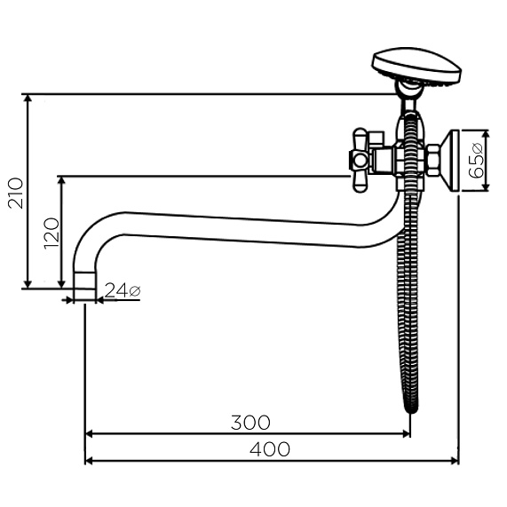 Смеситель для ванны/душа Dorff Vintage двухвентильный, керамический, настенный, излив поворотный 350 мм, с гибким шлангом/лейкой, латунь хром