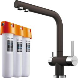 Комплект: смеситель для кухни Omoikiri Nagano-DC + фильтр Pure drop Lite для очистки воды трехступенчатый, смеситель однорычажный, поворотный, керамический, длина излива 206 мм, латунь, цвет темный шоколад