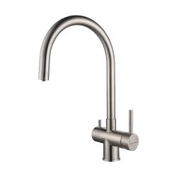 Смеситель для кухни/мойки Paulmark Heller, с подключением к фильтру/биканальный, однорычажный, поворотный излив, керамический картридж, высокий, длина излива 219 мм, нержавеющая сталь, цвет нержавеющая сталь