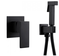 Смеситель с гигиеническим душем ABBER Daheim, встраиваемый, однорычажный, керамический, без излива, с гибким шлангом/лейкой, латунь, цвет черный матовый