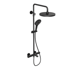 Душевая система Abelsberg Perfecta с термостатом, высота 900−1300 мм цвет вулканический черный, комплект: смеситель/излив/тропический душ округлый (с верхней лейкой)/лейка/стойка/шланг, латунь/ABS-пластик