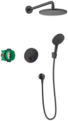 Душевая система Hansgrohe Raindance S 240 1 jet PowderRain с ShowerSelect S, 24 см, цвет матовый черный, комплект: верхний душ/ручной душ/термостат/скрытая часть/настенный вывод/держатель для душа/шланг для душа, скрытого монтажа, настенная, латунная