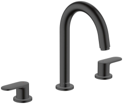 Смеситель для раковины Hansgrohe Vernis Blend, двухвентильный, фиксированный излив, длина излива 16,6 см, керамический, латунь, цвет матовый черный, с донным клапаном, на 3 отверстия
