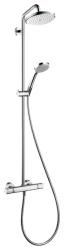 Душевая система Hansgrohe Croma Showerpipe 220 1jet EcoSmart, высота 121,3 см, цвет хром, комплект: верхний душ/ручной душ/термостат для душа/штанга для душа/держатель для душа/душевая штанга, наружного монтажа, настенная, нержавеющая сталь