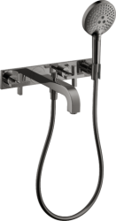 Смеситель для ванны Axor Citterio двухвентильный, с крестообразными рукоятками, настенный, неповоротный, латунный, длина излива 22,2 см, керамический, цвет полированный черный хром, с душевым шлангом/лейкой/держателем, с панелью, на 3 отверстия