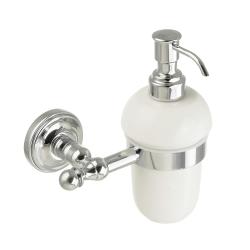 Дозатор жидкого мыла Migliore Mirella, настенный, керамика/латунь, форма округлая, для мыла в ванную/туалет/душевую кабину, цвет хром/белый
