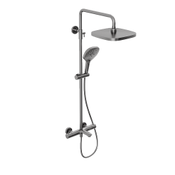 Душевая система Abelsberg Perfecta с термостатом, высота 900−1300 мм цвет космическая сталь, комплект: смеситель/излив/тропический душ прямоугольный (с верхней лейкой)/лейка/стойка/шланг, латунь/ABS-пластик