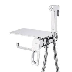 Смеситель с гигиеническим душем Raglo R51.55 встраиваемый, однорычажный, керамический, с полкой и бумагодержателем, без излива, с гибким шлангом/лейкой, латунь, цвет хром