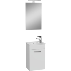 Комплект мебели Vitra Mia 40, тумба с раковиной, зеркало с подсветкой, тумба Vitra Mia 40, 375х595х280 мм, подвесная, 1 распашная дверца, МДФ, система плавного закрывания, прямоугольная, цвет: белый/умывальник (Vitra 40), прямоугольный, цвет белый