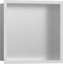 Полка Hansgrohe XtraStoris Individual 300/300/100, с дизайнерской рамой, размер 30х30х10 см, встраиваемая в нишу, форма прямоугольная, цвет шлифованная сталь/матовый белый, нержавеющая сталь, встроенная/настенная, шкаф/короб