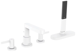 Смеситель для ванны Hansgrohe Finoris sBox на борт ванны, двухвентильный, неповоротный, латунный, длина излива 15,2 см, керамический, цвет матовый белый, с душевым шлангом 145 см, с лейкой, на 4 отверстия