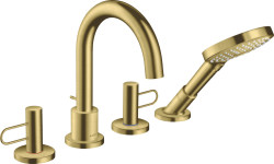 Смеситель для ванны Axor Uno на борт ванны двухвентильный, с рукояткой-петлей, поворотный, латунный, длина излива 17,5 см, керамический, цвет шлифованная медь, с душевым шлангом/лейкой, на 4 отверстия