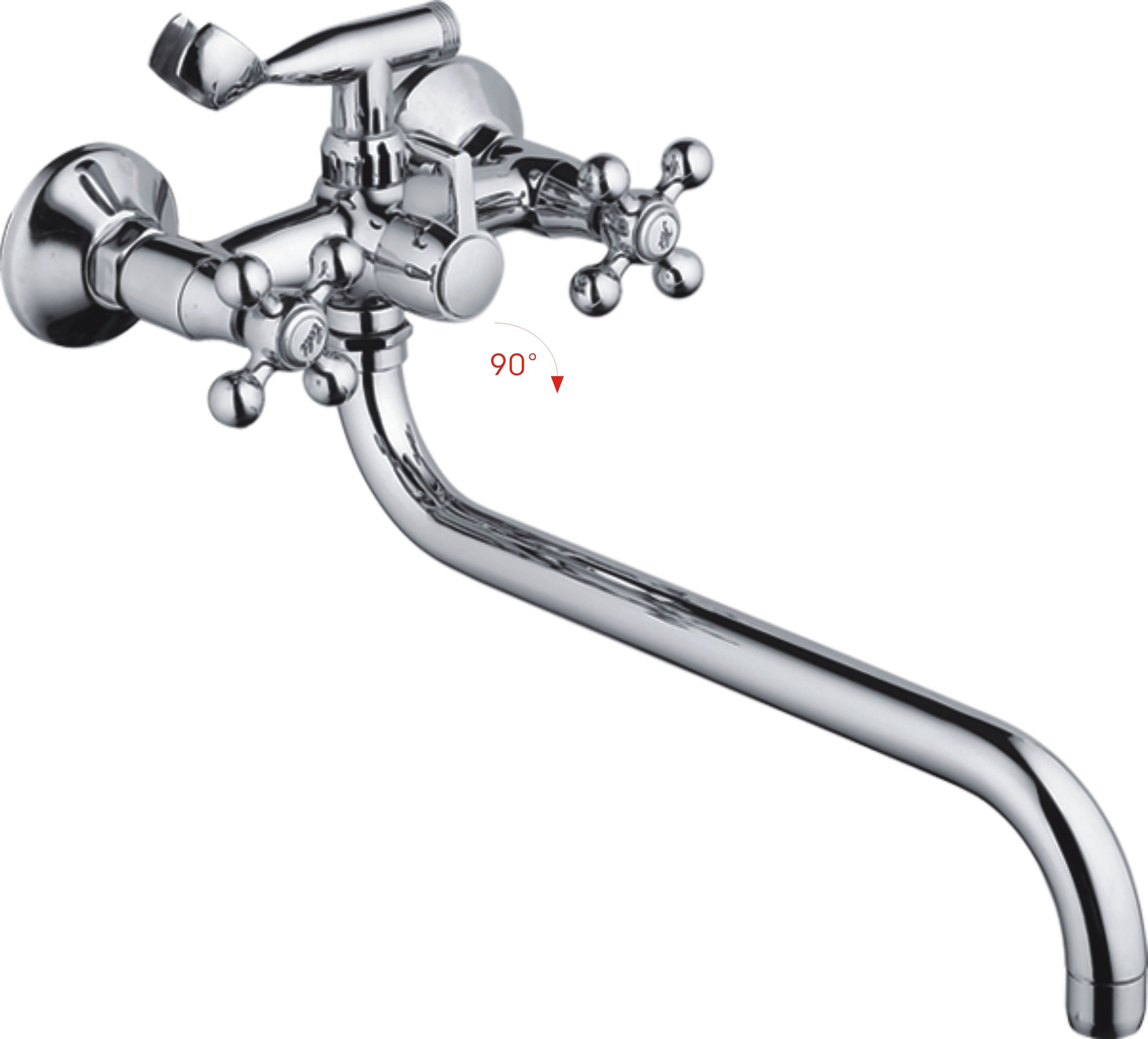 Смеситель для ванны/душа HAIBA двухвентильный, хромированный, настенный, излив длинный 350 мм, поворотный, латунь, хром