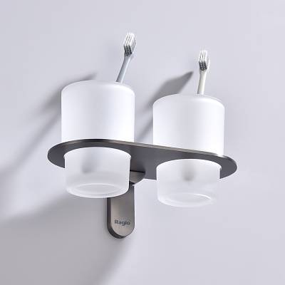 Стакан с держателем Raglo R300.08.09 двойной, с держателем, настенный, нержавеющая сталь/стекло, для зубных щеток в ванную/туалет/душевую кабину, цвет графит