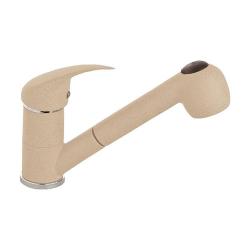 Смеситель для кухни ALVEUS GENESIS GM 220 G55-BEIGE AQ однорычажный, поворотный/выдвижной, керамический, с низким гибким изливом с лейкой, высота излива 10,5 см, латунь, покрытие гранит, цвет бежевый, на мойку