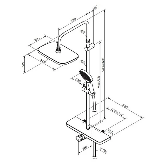 Душевая система Damixa Merkur, высота 1050-1450 мм, цвет черный матовый, комплект: смеситель/излив/тропический душ прямоугольный (с верхней лейкой)/стойка/лейка/шланг, латунь/пластик