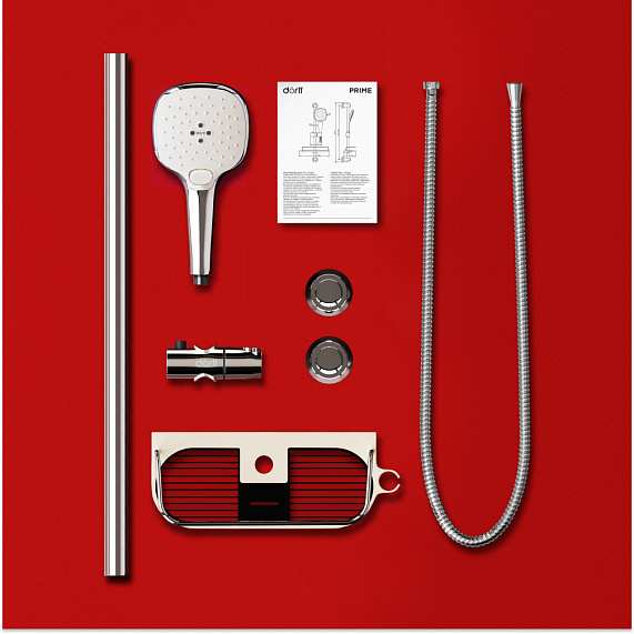 Душевой гарнитур Dorff Prime высота 600 мм, цвет хром, без смесителя, комплект: стойка/лейка/шланг/полочка, настенная, латунь/пластик