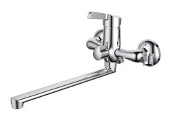 Смеситель для ванны D&K Rhein Schiller настенный, однорычажный, поворотный, латунный, длина излива 35,3 см, керамический, цвет хром, с душевым шлангом/держателем/лейкой