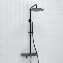 Душевая система WasserKRAFT Abens, высота 800-1250 мм, цвет хром/черный матовый, комплект: термостатический смеситель/излив/тропический душ (с верхней лейкой)/стойка/лейка/шланг, наружного монтажа