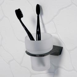 Стакан WasserKRAFT Glan с держателем, настенный, материал: металл/стекло, форма округлая, для зубных щеток в ванную/туалет/душевую кабину, цвет черный