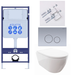 Комплект унитаза с инсталляцией Aquatek Поларис (Сет) c сиденьем микролифт, с клавишей смыва (кнопкой, клавишей двойного смыва) нержавеющая сталь, клавиши круглые, комплект крепления