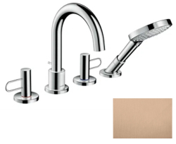 Смеситель для ванны Axor Uno на борт ванны двухвентильный, с рукояткой-петлей, поворотный, латунный, длина излива 17,5 см, керамический, цвет шлифованное красное золото, с душевым шлангом/лейкой, на 4 отверстия